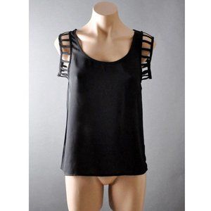 Black Scoop Neck Office Casual Sleeveless Womens Asymmetric Tank Top Tunic L